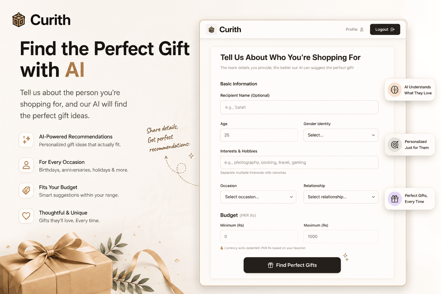 Curith AI gift finder form